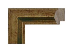 Moldura oro con centro verde modelo 344-172. Moldura de madera de pino finger con acabado dorado envejecido y centro en tono verde. Su textura craquelada y sus matices artesanales aportan un estilo elegante y clásico, ideal para enmarcar obras de arte, retratos o espejos con un toque sofisticado y distinguido.