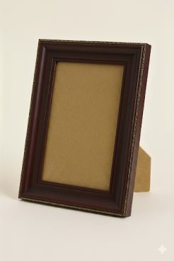 Portafoto de madera de ayous color nogal con cordón dorado, modelo 329-025. Marco fotográfico de estilo clásico con acabado satinado en marrón oscuro y detalle decorativo dorado en relieve. Ideal para decorar salones, despachos o espacios elegantes, aportando un toque cálido y sofisticado.