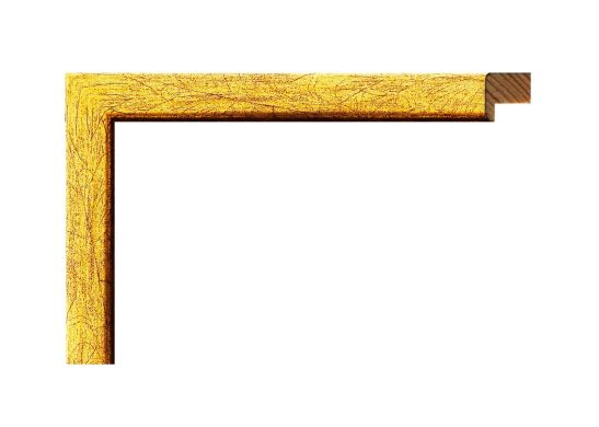 Perfil de marco oro en madera de pino modelo 008-105, moldura fina redondeada con rebaje y acabado en película dorada