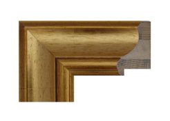 Marco de madera de pino finger joint con acabado oro satinado de tono cálido, superficie lisa con ligeras variaciones naturales del acabado y perfil clásico de líneas suaves y redondeadas.