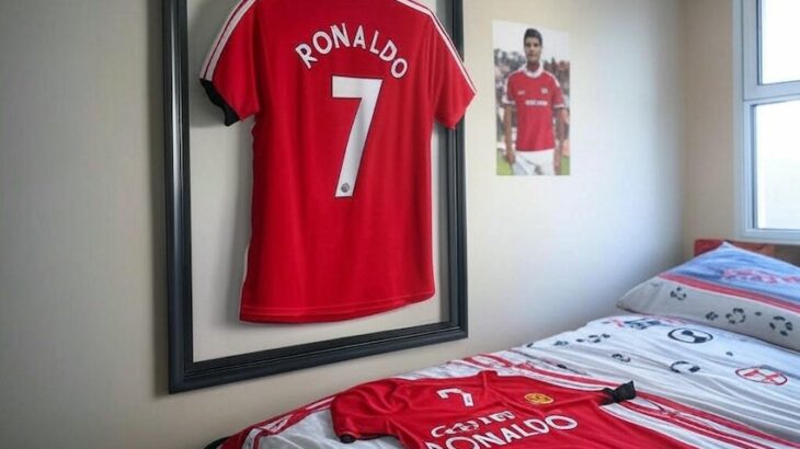 En la foto se muestra una camiseta roja del Manchester United con el dorsal 7 de Cristiano Ronaldo enmarcada en la pared de una habitación luminosa y juvenil en la que también hay colgado un póster del jugador y otra camiseta sobre la cama.
