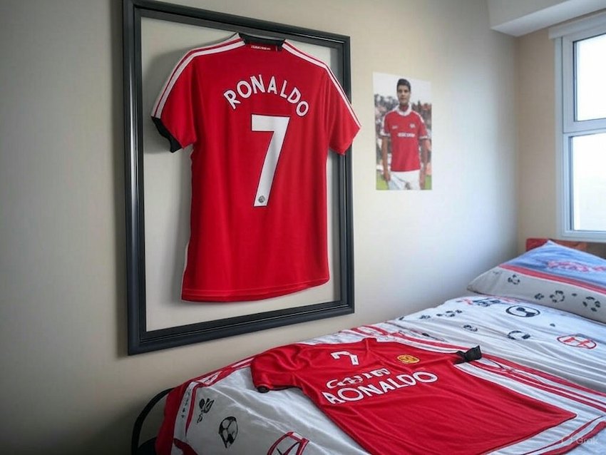En la foto se muestra una camiseta roja del Manchester United con el dorsal 7 de Cristiano Ronaldo enmarcada en la pared de una habitación luminosa y juvenil en la que también hay colgado un póster del jugador y otra camiseta sobre la cama.