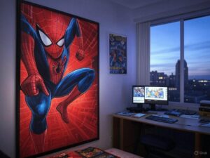 Se ve un póster enorme de Spiderman colgado sobre la pared de una habitación en alguna gran ciudad. A través de la ventana se ven grandes rascacielos. Sobre el escritorio hay una pantalla encendida