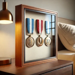 sobre la mesita de noche de una habitación, y junto a una lamparita tipo flexo, hay tres medallas perfectamente enmarcadas