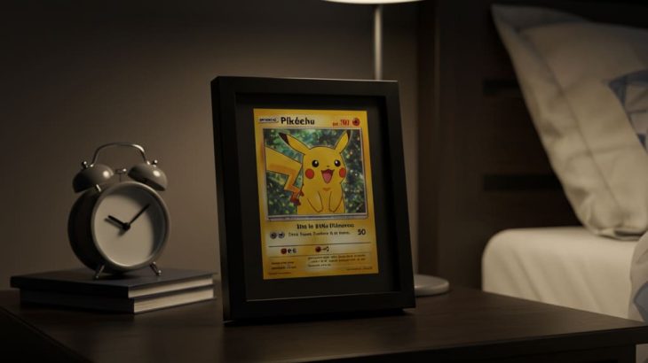 En la imagen se muestra una carta coleccionable muy preciada de Pikachu, uno de los protagonistas de la famosa serie animada Pokemon, enmarcada para preservar su calidad con un marco a medida de madera negra, sobre la mesita de noche de algún joven, junto a la lamparita de noche del mismo y su despertador.