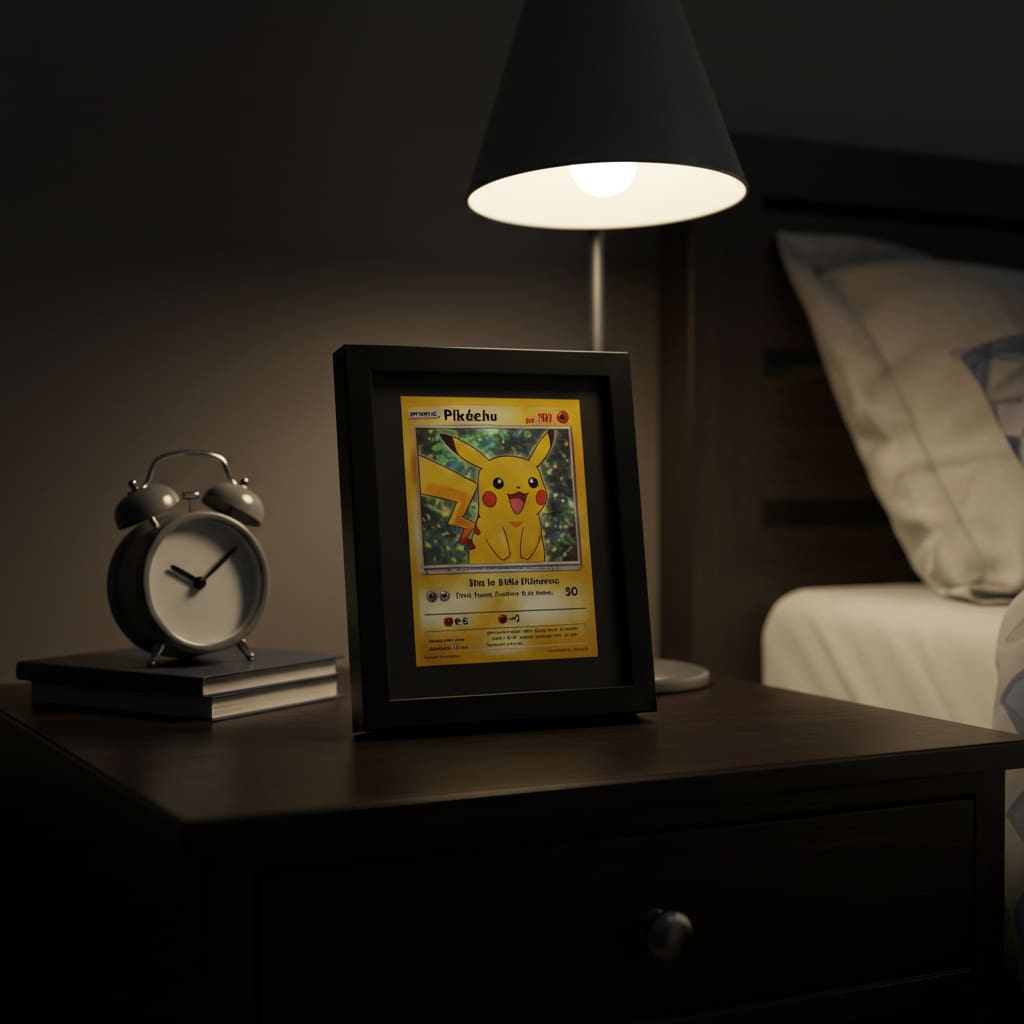 En la imagen se muestra una carta coleccionable muy preciada de Pikachu, uno de los protagonistas de la famosa serie animada Pokemon, enmarcada para preservar su calidad con un marco a medida de madera negra, sobre la mesita de noche de algún joven, junto a la lamparita de noche del mismo y su despertador.
