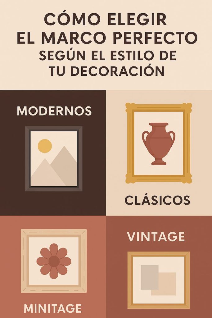 Infografía sobre cómo elegir el marco perfecto según estilo de decoración con ejemplos de marcos modernos y vintage de Molduras Salas.