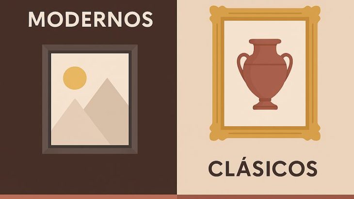 Infografía sobre cómo elegir el marco perfecto según estilo de decoración con ejemplos de marcos modernos y vintage de Molduras Salas.