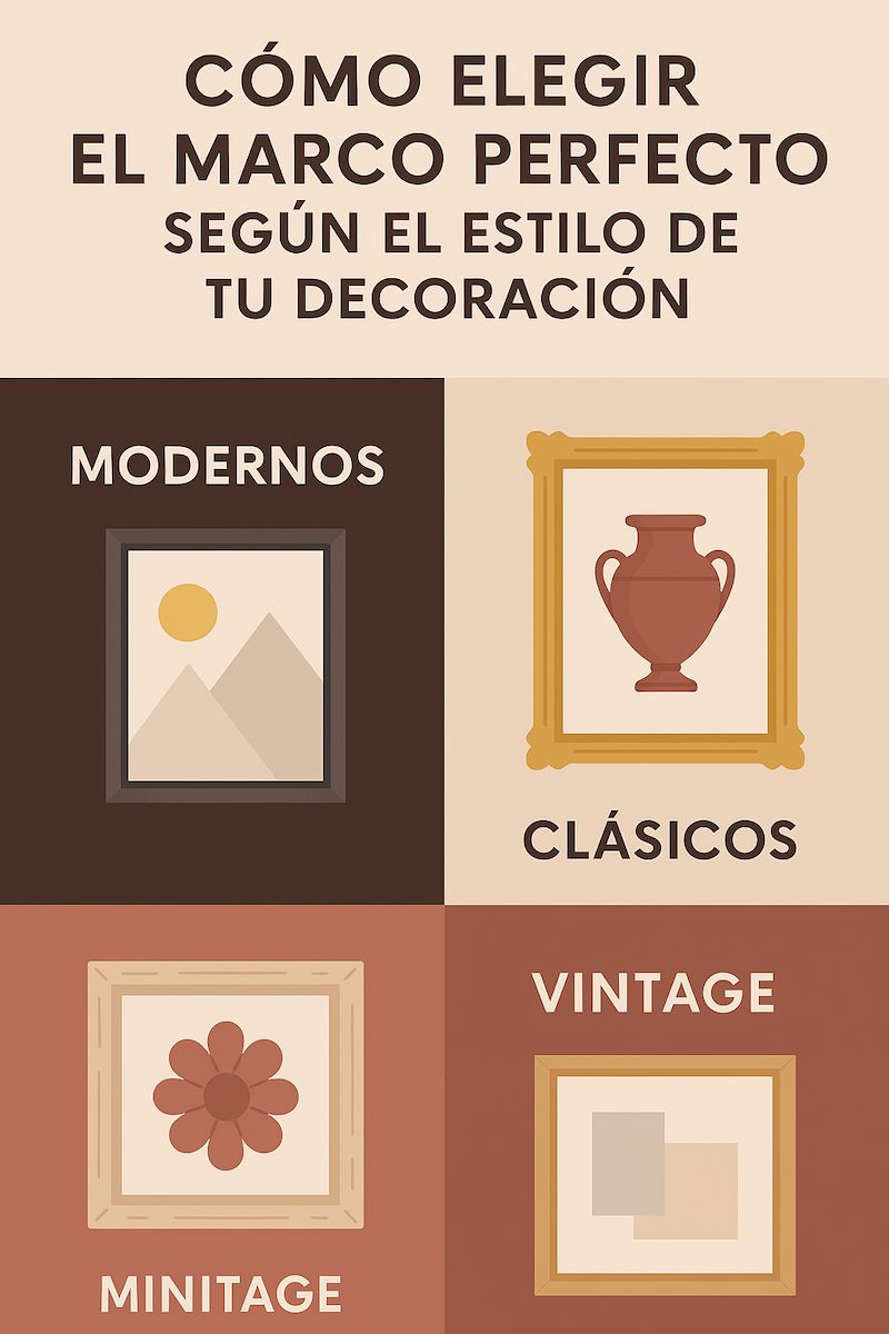 Infografía sobre cómo elegir el marco perfecto según estilo de decoración con ejemplos de marcos modernos y vintage de Molduras Salas.