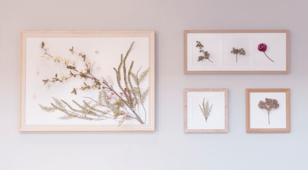 Cuadros con flores prensadas en marcos de madera colgados en pared clara, decoración delicada ideal para casas de playa.