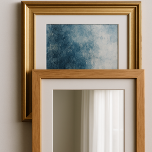 Cuadro y espejo enmarcados con molduras en barra de madera y doradas de Molduras Salas, decoración elegante.