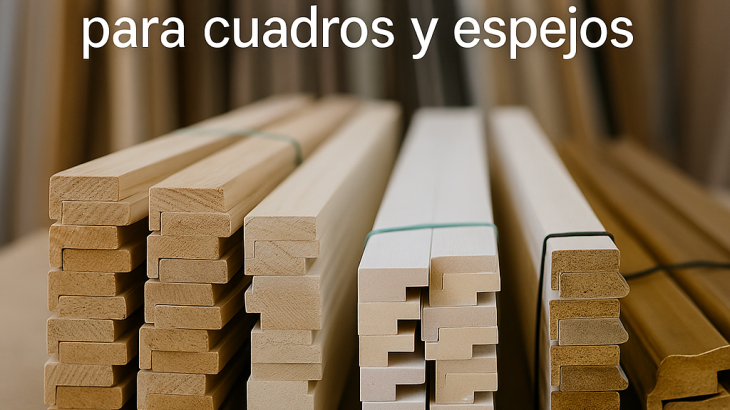 Molduras en barra de madera para cuadros y espejos, apiladas en un taller de enmarcación – Molduras Salas.