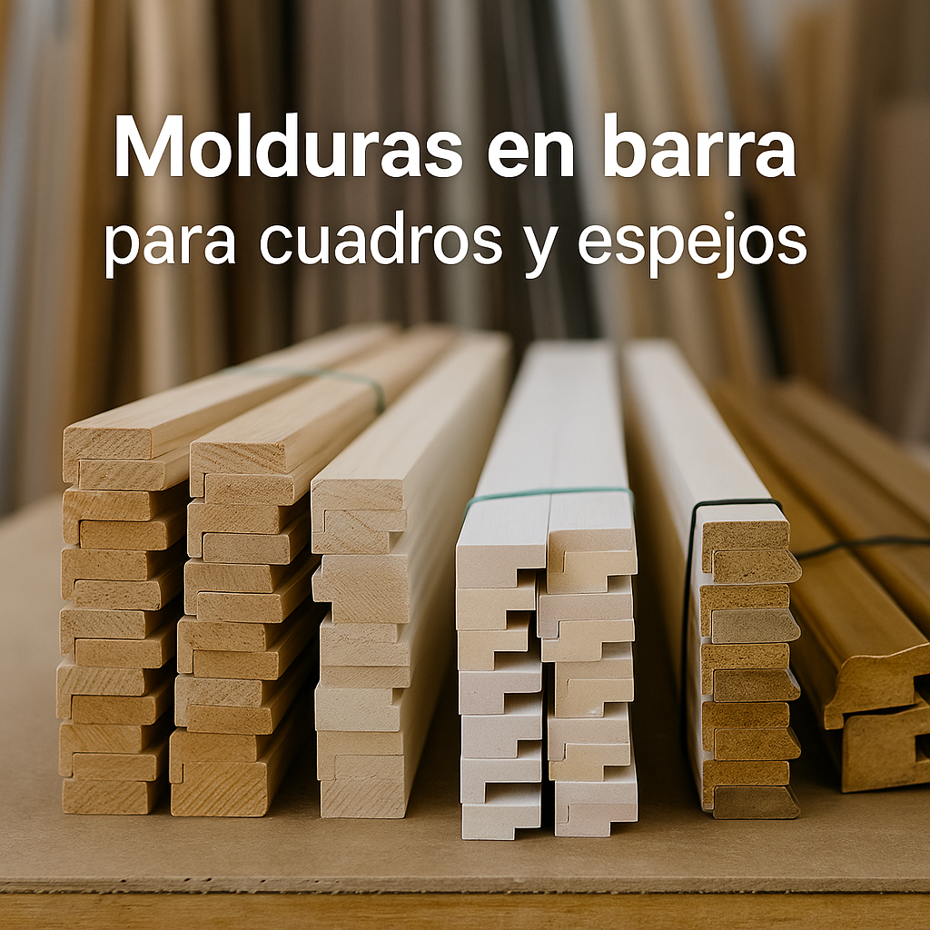 Molduras en barra de madera para cuadros y espejos, apiladas en un taller de enmarcación – Molduras Salas.
