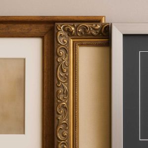 Marcos para cuadros en tres estilos: vintage en madera envejecida, barroco dorado ornamentado y moderno minimalista en negro, expuestos en Molduras Salas