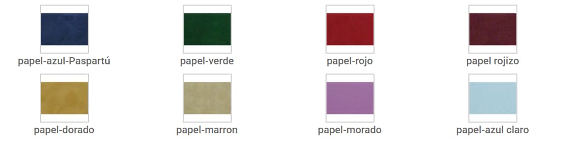 Muestra ocho muestras de papel de diferentes colores con sus nombres en español debajo de cada una.