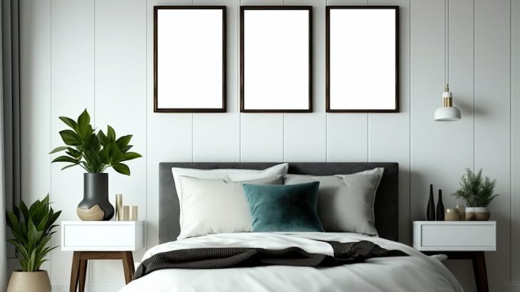 Cuadros decorativos sobre la cama en un dormitorio moderno.